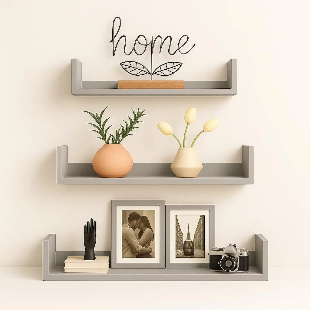 Trio de Prateleiras em U – Kit com 3 Nichos Decorativos de Parede, Design Moderno, Organização e Decoração para Sala, Quarto e Escritório (Cinza)