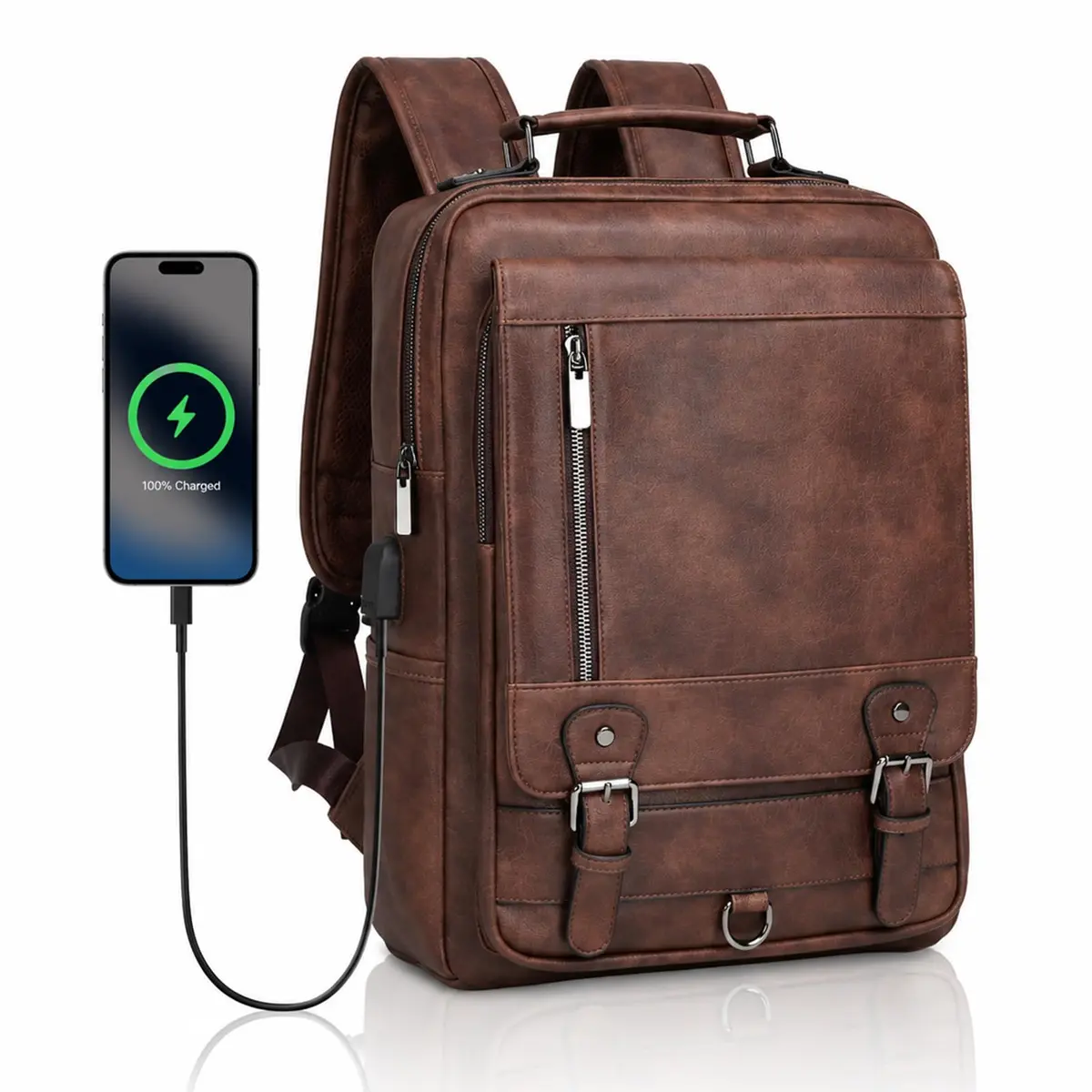Mochila de Couro PU para Homens e Mulheres de Negócios, 15,6 polegadas, Impermeável, para Viagem, Deslocamento Diário, Leve, Mochila Escolar (Marrom)