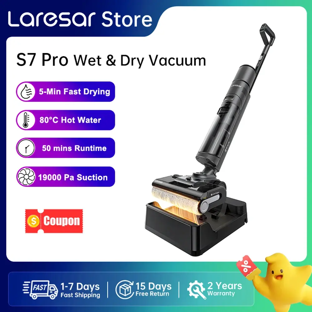 Laresar S7 Pro Aspirador Sem Fio Molhado e Seco, Mopa, Limpeza Lay-Flat, Secagem Rápida 5 Min, Auto-Limpeza 80°C, Sucção 19000 Pa, Anti-Emaranhamento, 50 Min de Autonomia, Lavadora de Piso para Casa