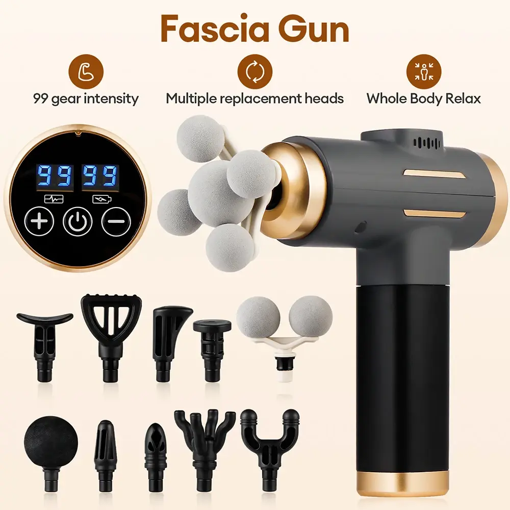 Pistola de Massagem Elétrica 11 em 1, 99 Níveis de Potência, Pistola de Massagem de Alta Frequência para Massagem Corporal, Braços, Pernas e Músculos.