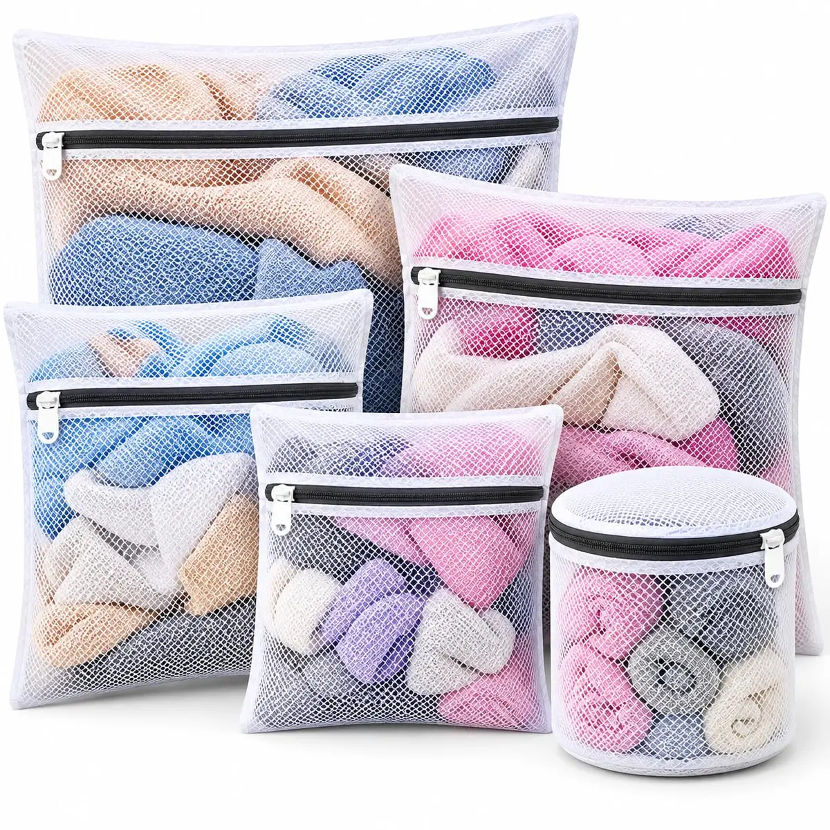 Kit 5 Sacos Protetores para Lavar Roupas na Máquina, Zíper Reforçado, Malha Premium Respirável, Proteção Contra Desgaste e Deformação, Ideal para Lingerie, Sutiãs, Meias, Roupas Íntimas e de Bebê