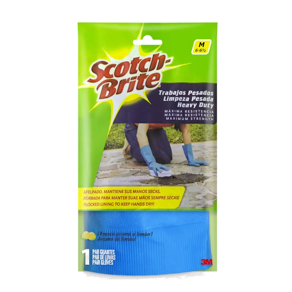 SCOTCH-BRITE 3M Luva para Limpeza Pesada Tamanho Médio Cor Azul 1 Par | Proteção Contra Produtos Químicos, Flexíveis, Forro Interno que Mantém as Mãos Secas e Aroma de Limão