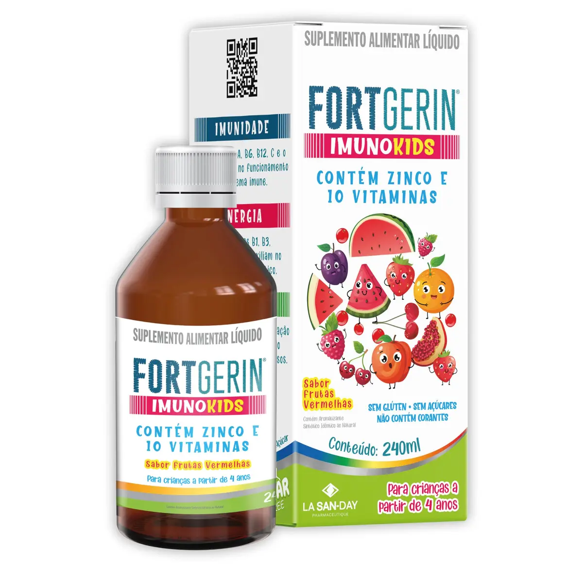 Fortgerin ImunoKids 240ml Contém zinco e 10 vitaminas | Auxilia na imunidade com vitaminas A, B6, B12, C e o zinco auxiliam no sistema imune. Contém zinco e 10 vitaminas - 1