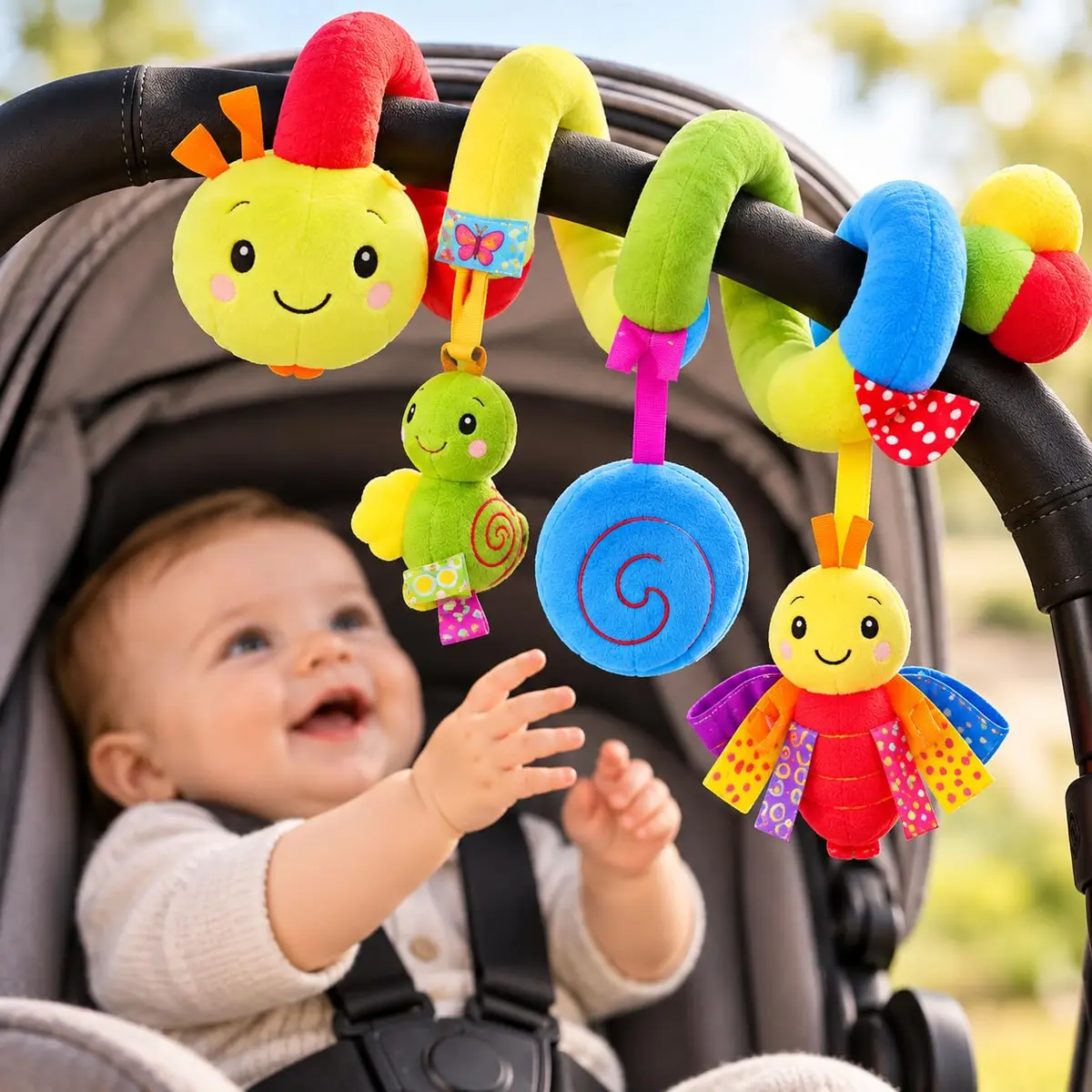 Móbile para Carrinho de Bebê Espiral com Chocalho, Cores Vibrantes e Texturas, Móbile Sensorial para Berço, Bebê Conforto e Moisés, Brinquedo para Bebês