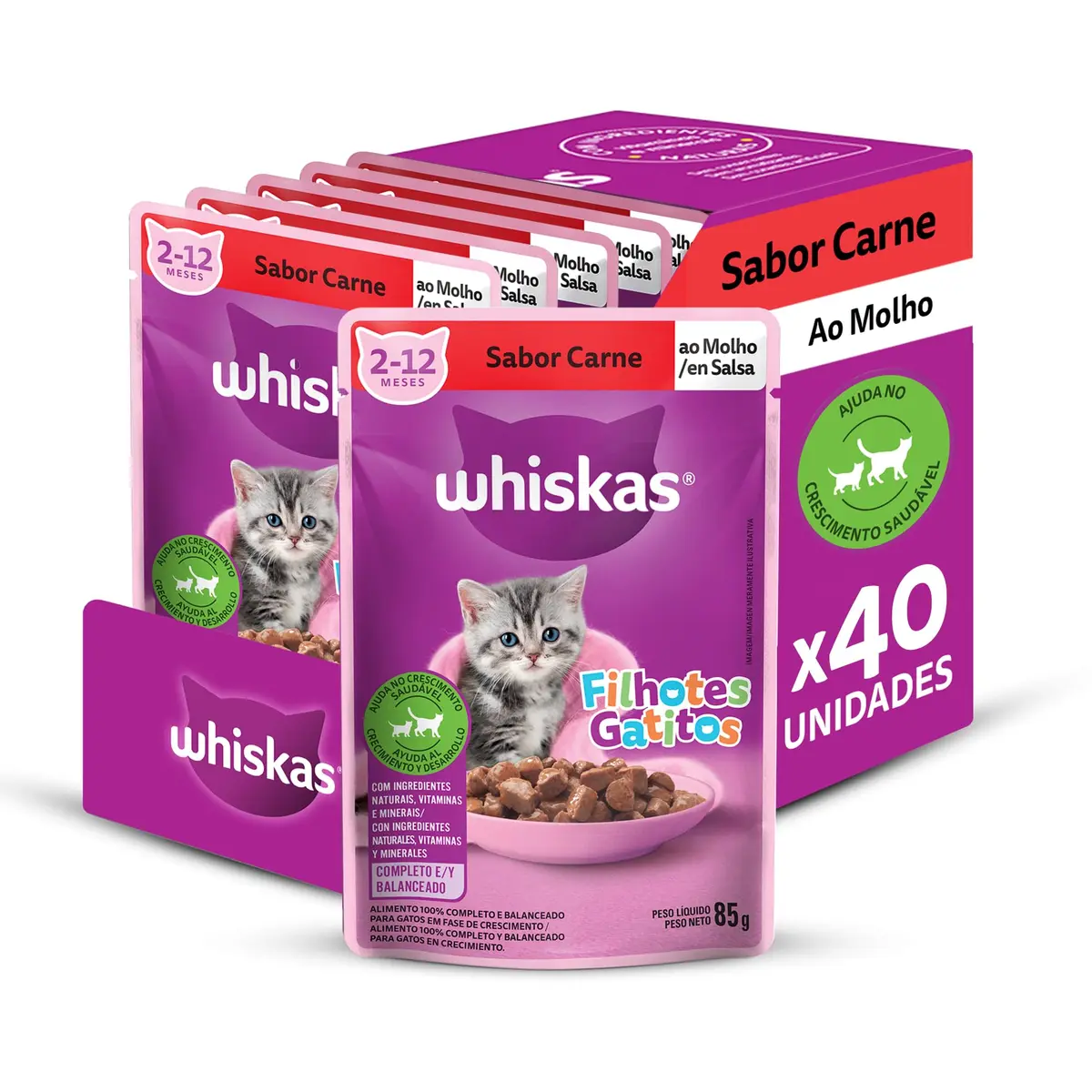 Pack Ração Úmida Whiskas Sachê Carne ao Molho para Gatos Filhotes 85 g - 40 unidades