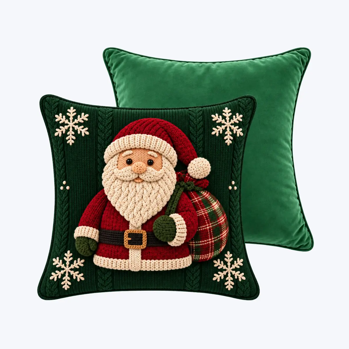Kit de Capas de Almofadas Natalinas (Verde, Papai Noel) | Lisa em Veludo - Estampada em Linho -A Estampa da Capa de Linho é Feita Em Imagem Subliminada