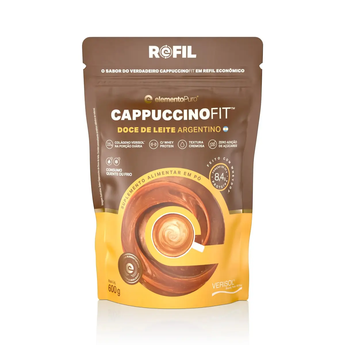 Refil CappuccinoFit Sabor Doce de Leite Argentino 600g Suplemento Alimentar - elementoPuro - 1