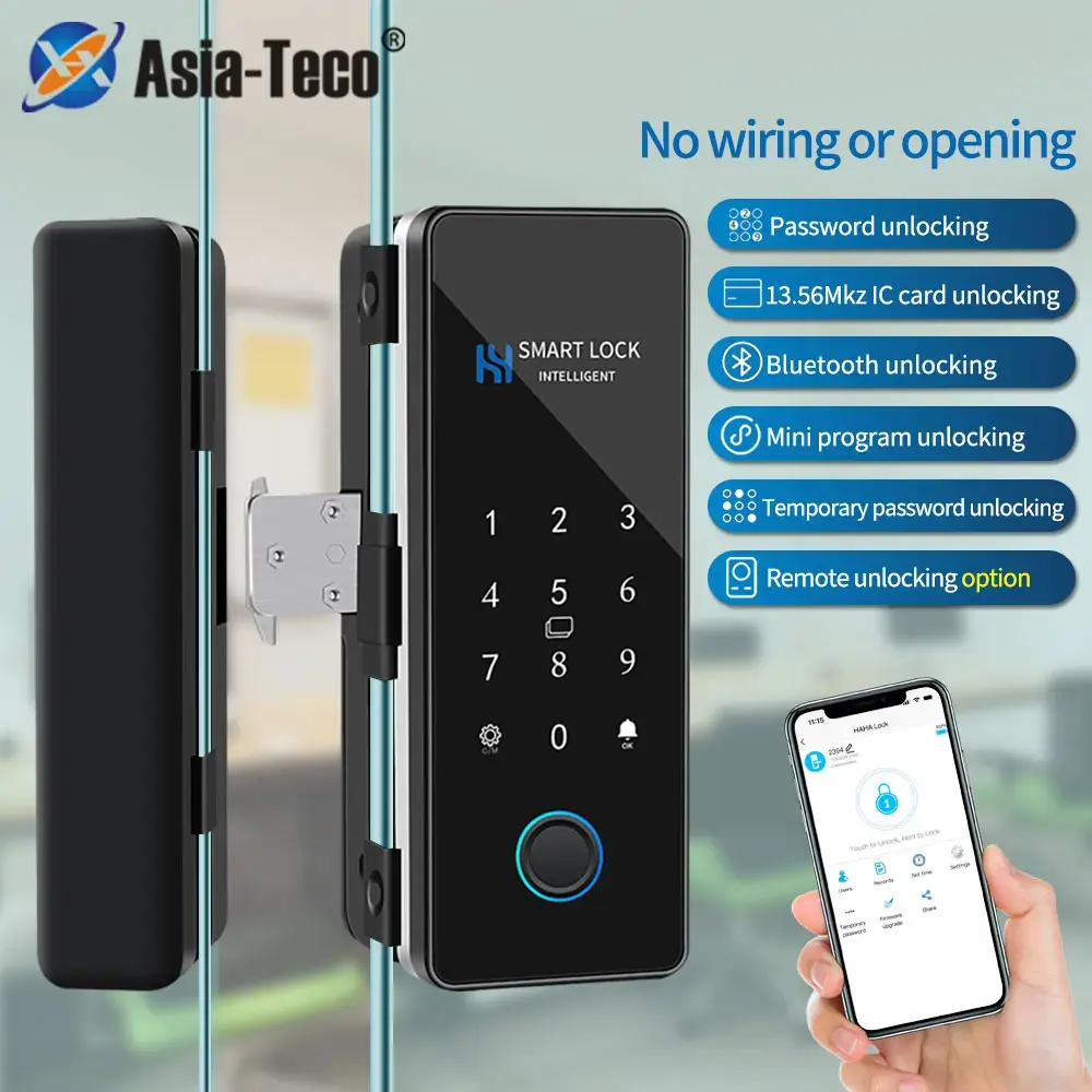 Fechadura de porta de vidro com impressão digital, bluetooth, porta de vidro deslizante, fechadura inteligente, eletrônica, cartão rfid, controle por aplicativo hufock - 1
