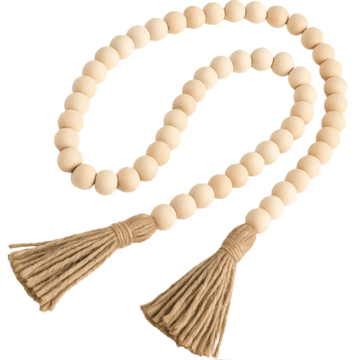 Colar Decorativo de Mesa em Madeira com Borlas Rústicas 1,08m - Cordão Artesanal para Decoração Boho, Escandinava e Natural