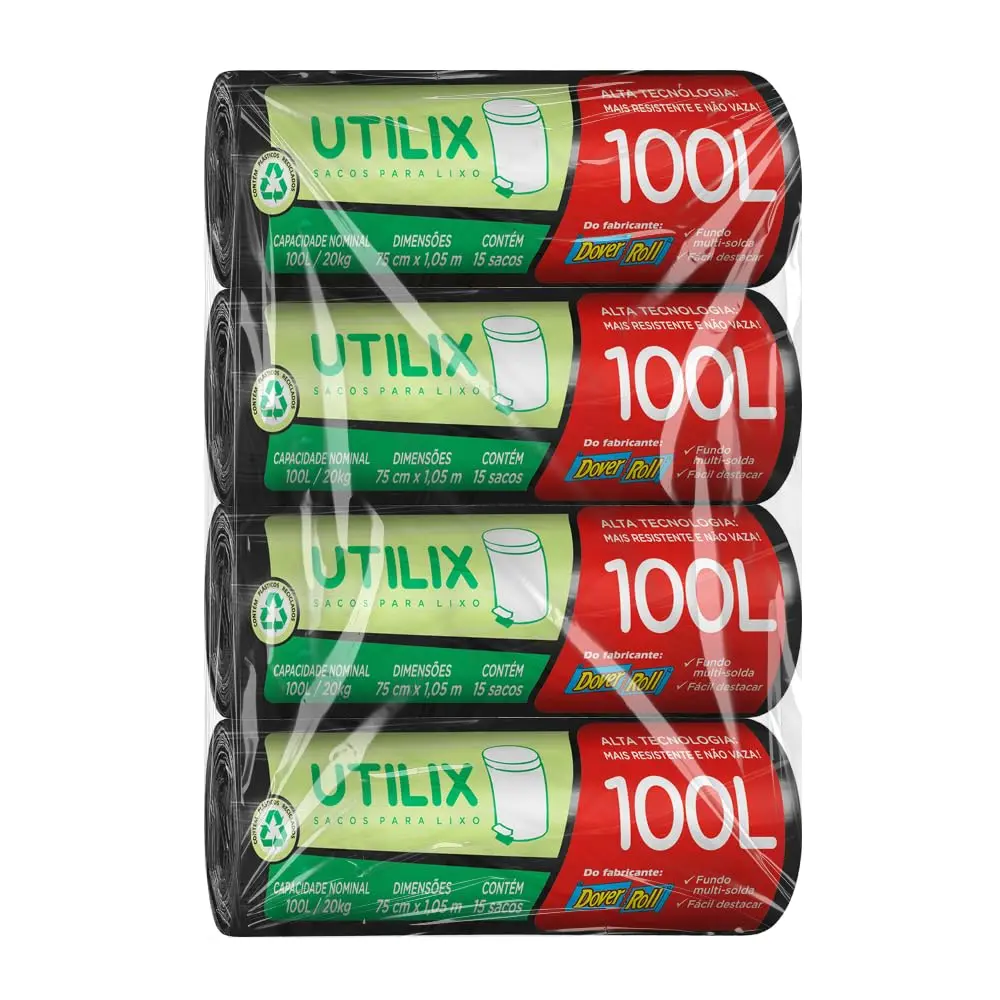 Kit com 4 unidades - Utilix 100 litros, Preto, com 60 Sacos.
