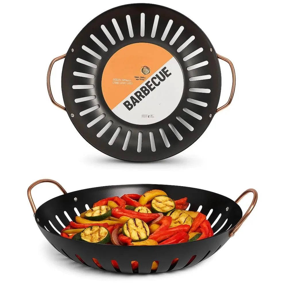 Panela Wok Churrasqueira Grelha Redonda para Churrasco, 29cm, Aço Carbono com Revestimento Antiaderente, Alças em aluminio, Ideal para Carnes e Legumes, Uso Direto no Fogo