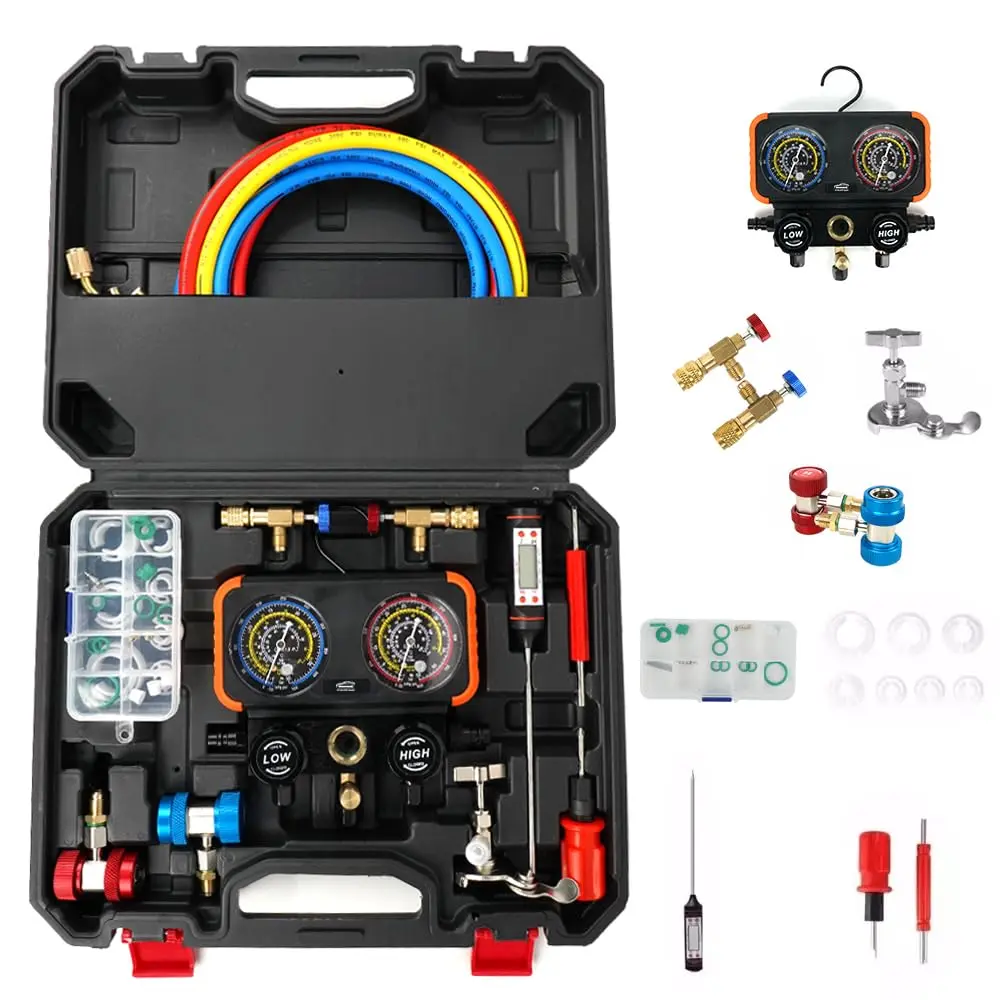 FINYQBET Conjunto de Medidor CA de 3 Vias, R134 R410 R22 R404 | Mangueiras de 1.5m, Conector de 1/4" Removível, Prevenção da Evasão,para Diagnóstico Automotivo e Ar-Condicionado