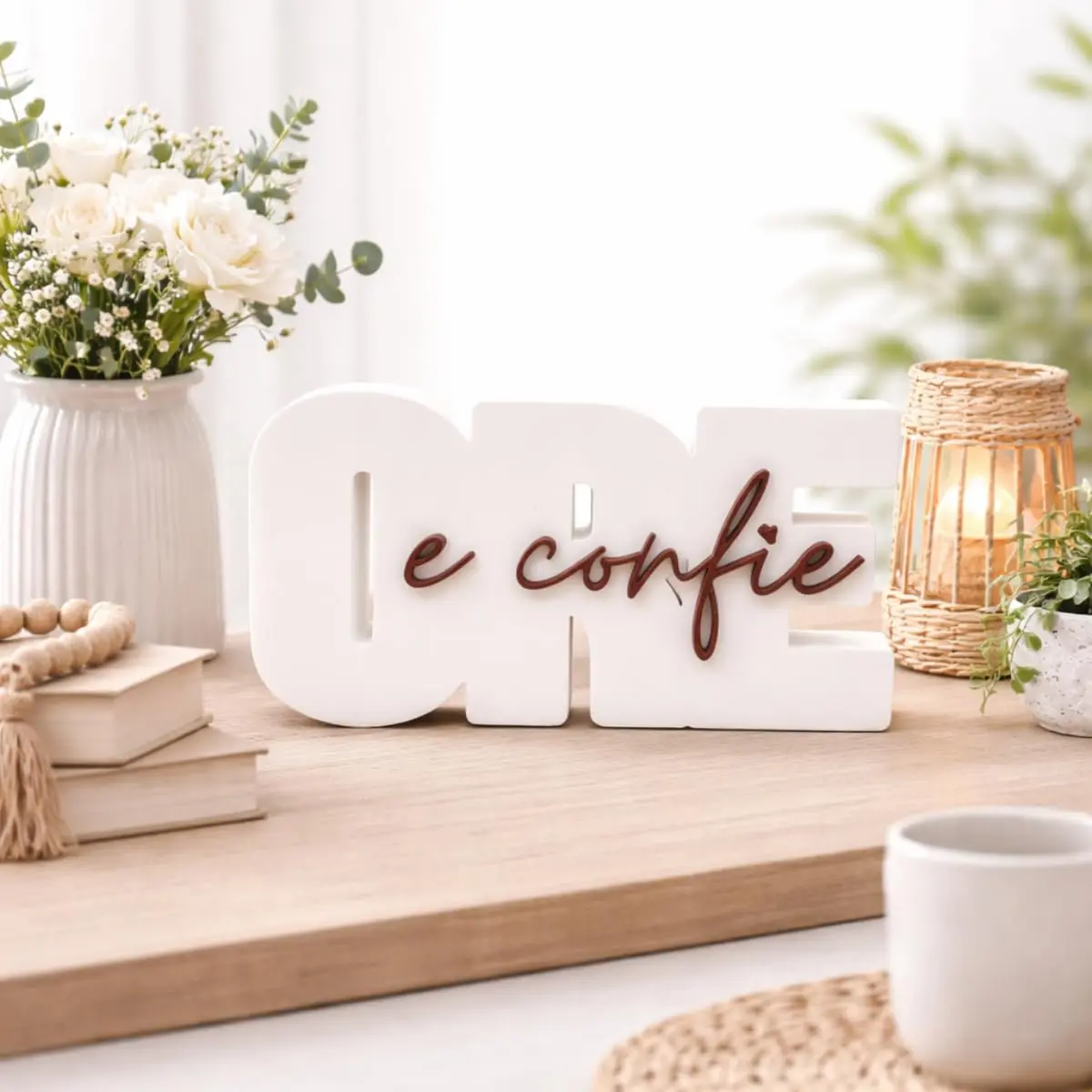 Letreiro Decorativo Ore e Confie Branco – Enfeite de Mesa com Mensagem de Fé, Decoração Religiosa para Sala, Quarto ou Escritório, Branco e Marrom - 1