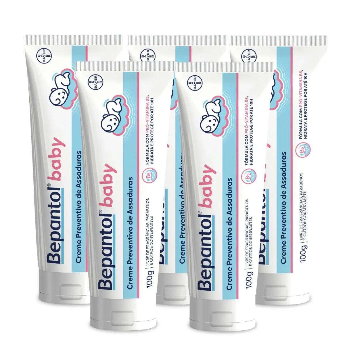Kit 5 Cremes Pomadas de Assaduras Vit B5 com 100g cada, Total 500g - Bepantol Baby