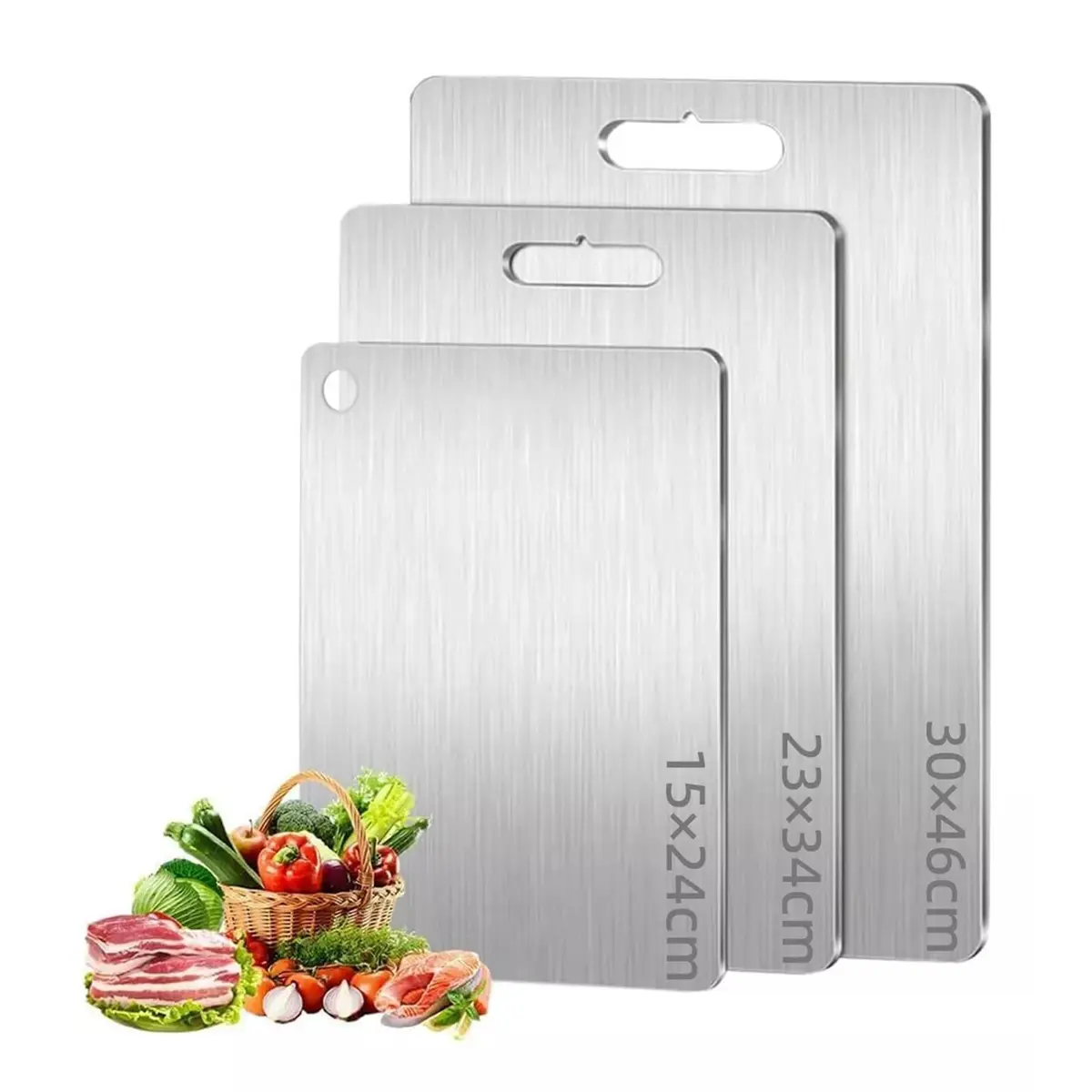 Kit 3 Tábuas de Corte BEMMY em Aço Inoxidável, Dupla Face, para Carne e Vegetais, Tamanhos 15x24cm, 23x34cm, 30x46cm - 1