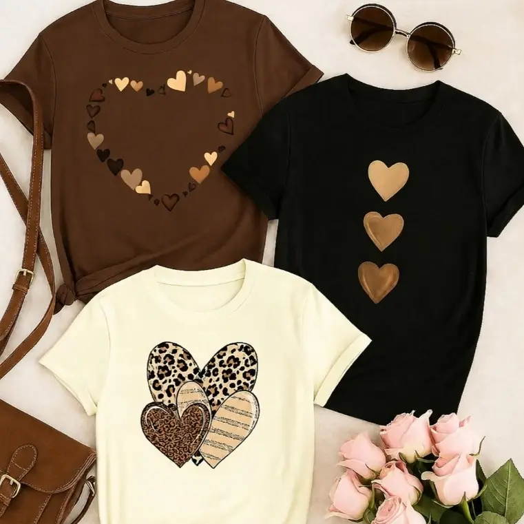 Kit 3 Camisetas Femininas Estampadas Coração Casual Blusas T-Shirt Algodão Moda Blogueira Looks Dia a Dia - 1