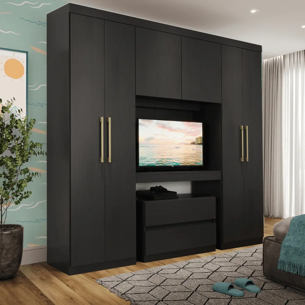 Guarda Roupa Infantil 6 Portas 2 Gavetas Porto Preto com Painel de TV