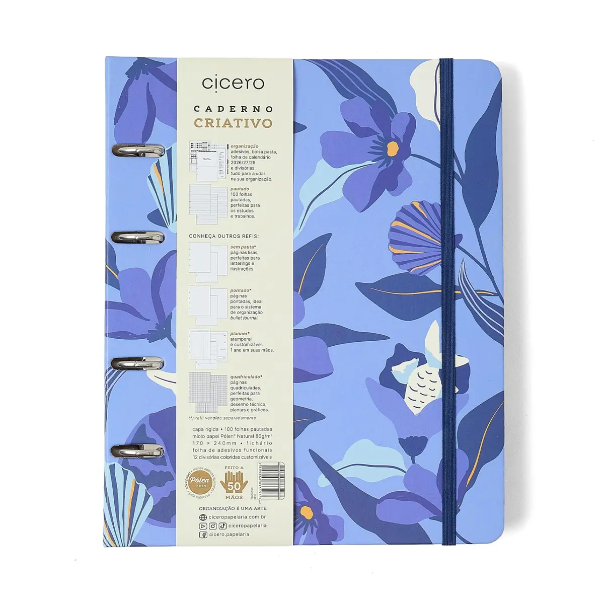 Caderno Criativo Argolado - Pautado | 17x24cm | Azul | 100 Folhas, Capa Dura | Papel Pólen 80g | Cicero - Coleção Trancoso - 1