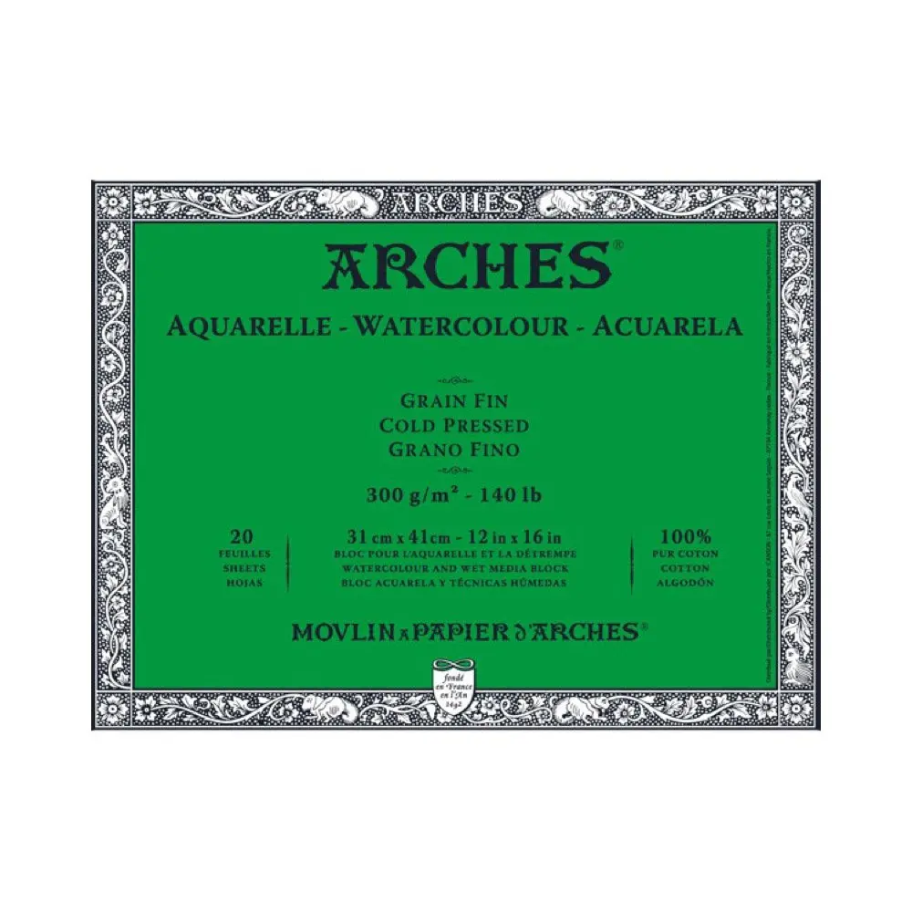 ARCHES Aquarelle 300 g/m² Grão Fino Branco Natural Bloco 31x41 20 Folhas.