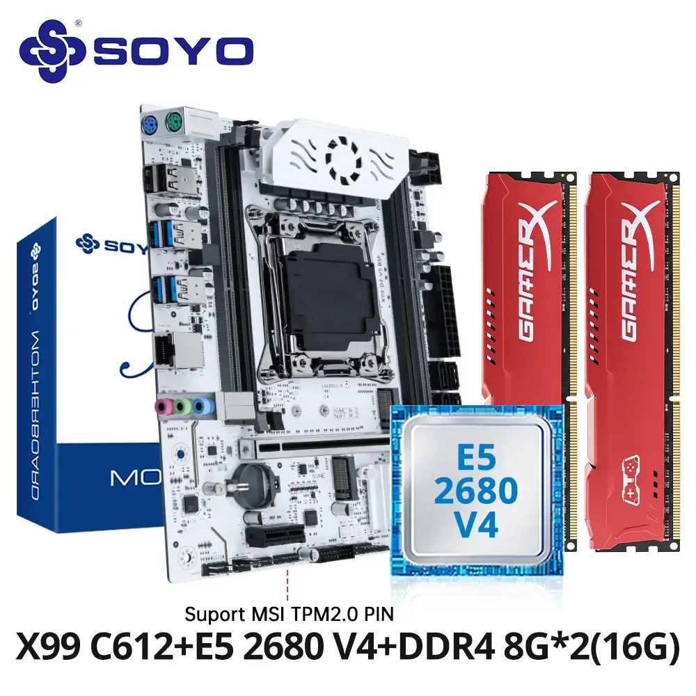 Soyo x99 conjunto de placa-mãe para jogos c612 chipset tpm2.0 pino com cpu e5 2680 v4 e ddr4 16g (2*8g) 2133mhz ram pcie3.0 para pc desktop - 1