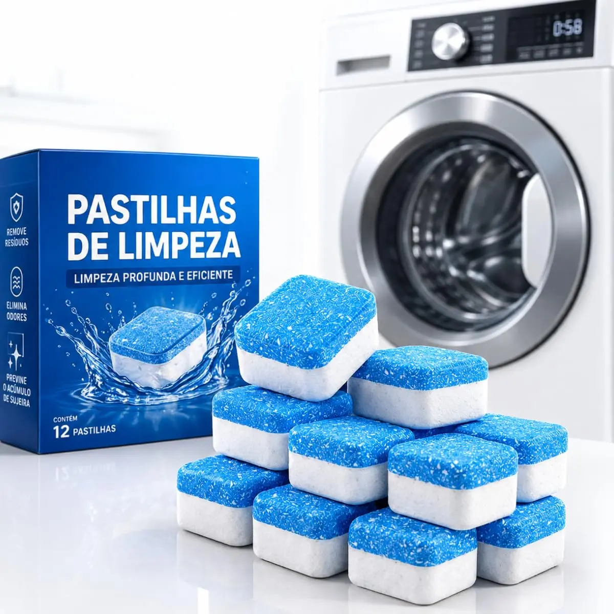 Pastilha Limpar Máquina de Lavar Roupa Kit 12 Unidades Remove Odor Mofo | Efervescente - Antibacteriano - Dissolução Rápida em 01 Ciclo - Remove Cheiro - 1