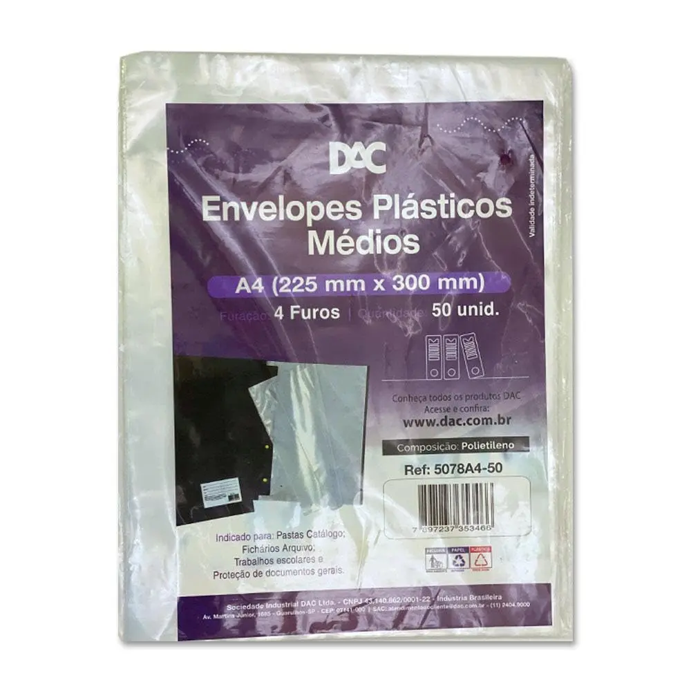 Blister 50 Envelopes A4 Medio 4 Furos, Dac, Blister 50 Envelopes A4 Medio 4 Furos 5078A4-50, Transparente, 5078A4-50