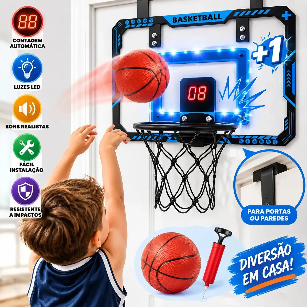 Mini Tabela de Basquete Eletrônica MoveBrinca com Placar LED e Kit de Acessórios