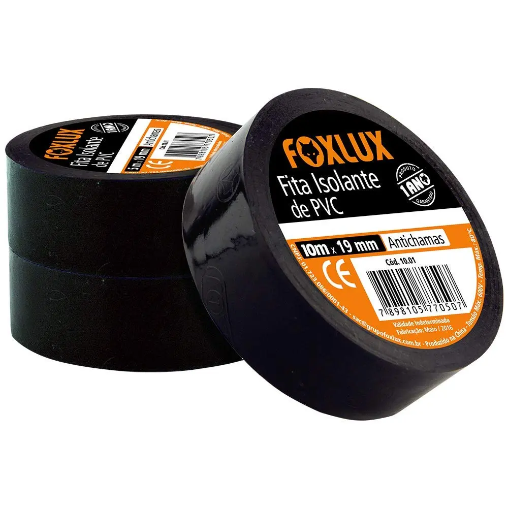 Fita Isolante Elétrica PVC Antichamas Foxlux 10m x 19mm 600V Kit 10 unidades