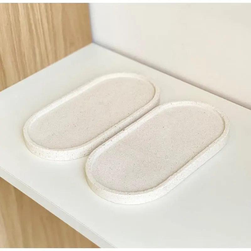 Kit com 2 Bandejas Ovais Decorativas em Cimento Branco Artesanal para Lavabo e Organização(2 Peças Branco Cascalho) - 1