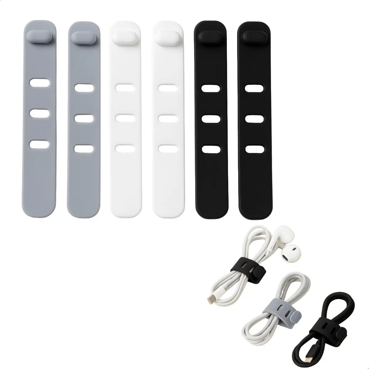 Organizador de Cabos em Silicone Kit com 6 Unidades Preto Branco Cinza Flexível Reutilizável Tipo Presilha - 1