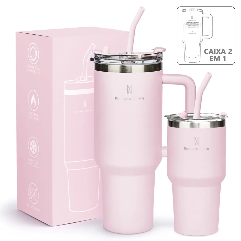 ROMANTIC CROWN Kit 2 Copo Térmico Inox 1200ml/600ml Garrafa Térmica Inoxidável com Tampa e Canudo - 1
