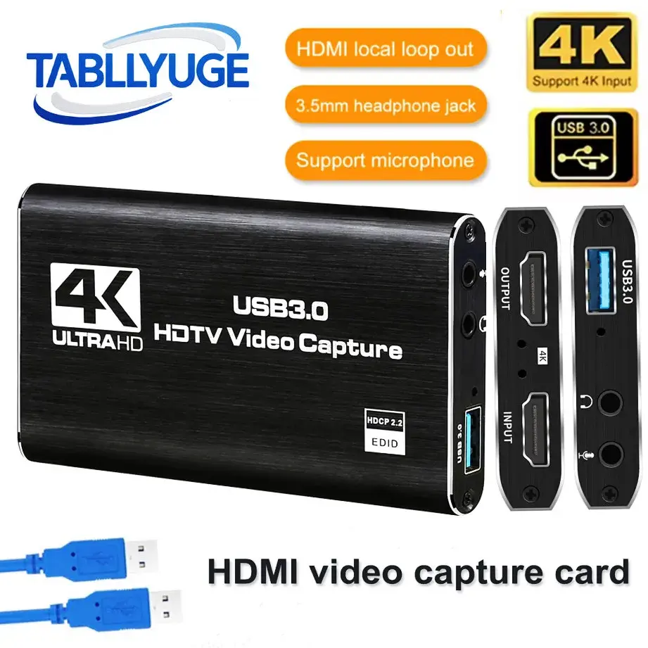 Tabllyuge 4k usb 3.0 hdtv placa de captura de vídeo compatível com hdmi gravador de vídeo grabber para pc ps4 obs gravação de jogo microfone de áudio