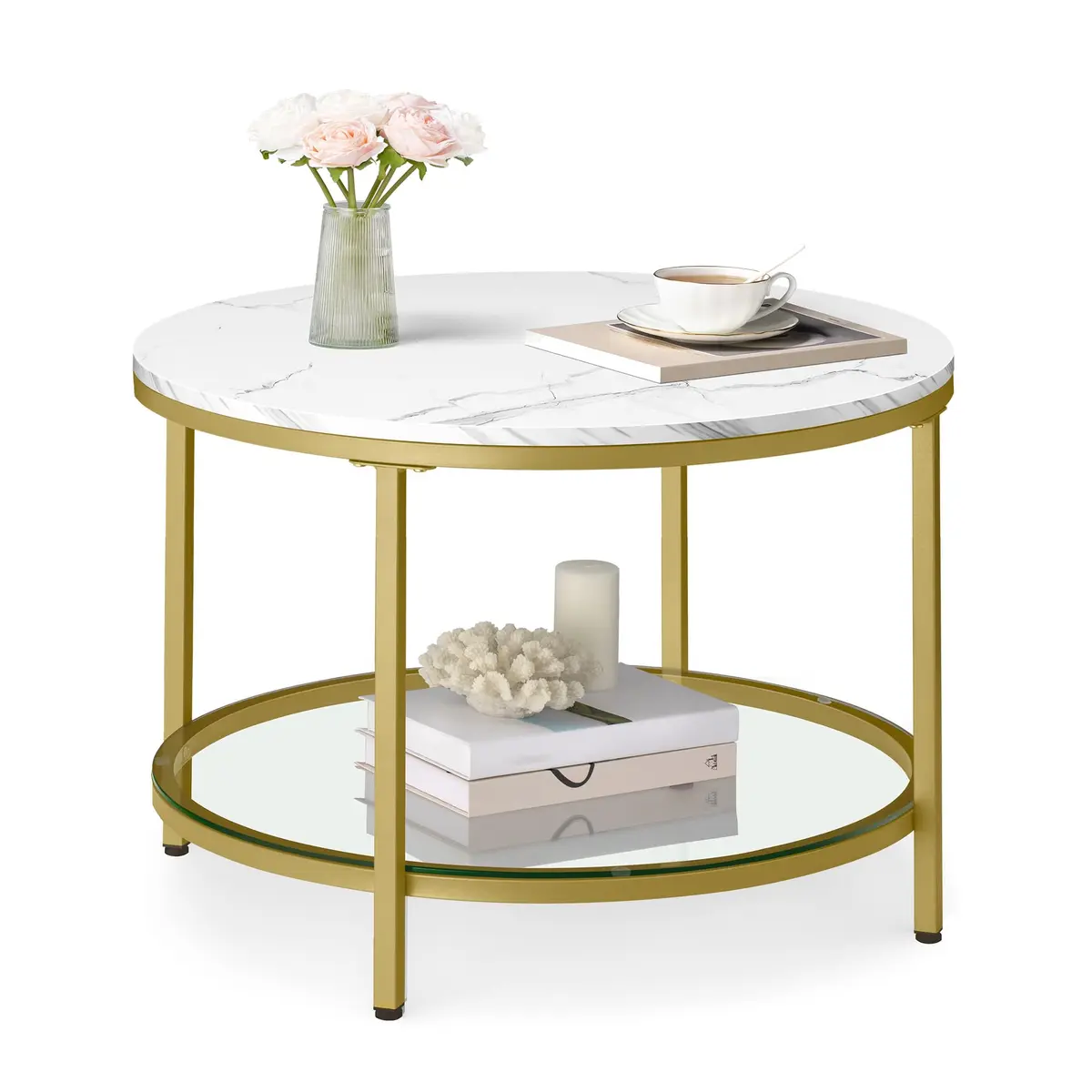 VASAGLE Mesa de Centro, Tampo de Mármore Sintético, 65 x 65 x 46 cm | Centro de Sala com Prateleira de Vidro, Estrutura de Aço, Branco Mármore e Preto Fosco, Coleção Baris, BRLCT072W59