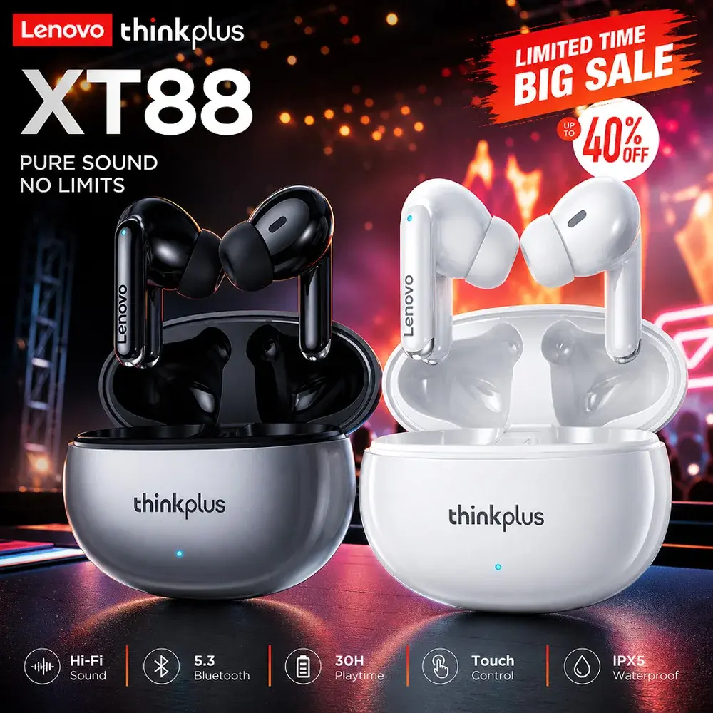 Lenovo XT88 Fones de Ouvido Sem Fio TWS Bluetooth 5.3 com Microfone Duplo, Estéreo, Redução de Ruído, Graves Potentes, HIFI, Controle por Toque, Fones de Ouvido Fashion 2026 NOVO