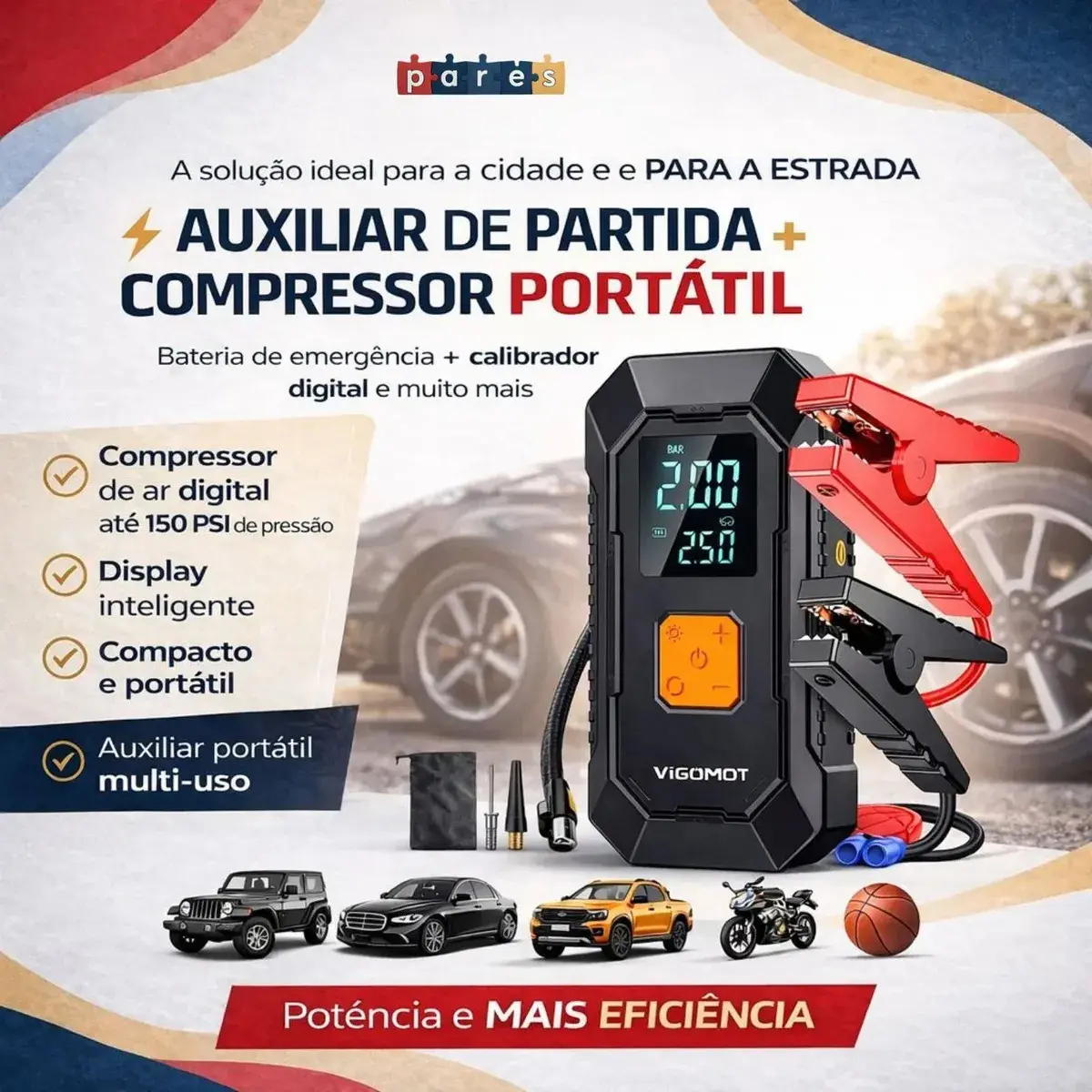 Auxiliar Partida Bateria Compressor Ar Inteligente Emergência Portátil Veicular Com Compressor De Ar, Pares Portátil Compressor Ar Veicular thumbnail 2