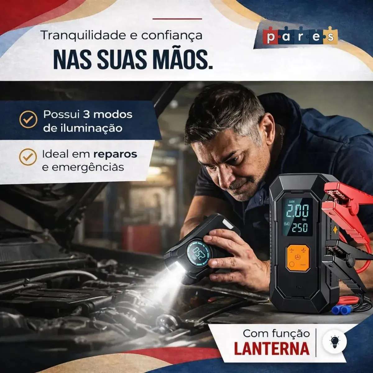 Auxiliar Partida Bateria Compressor Ar Inteligente Emergência Portátil Veicular Com Compressor De Ar, Pares Portátil Compressor Ar Veicular thumbnail 4
