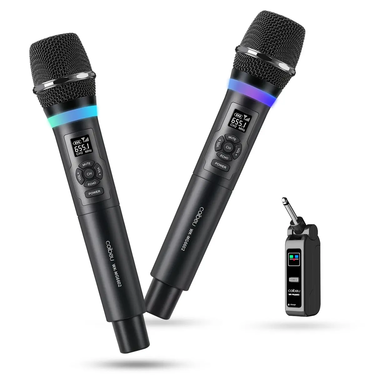 Microfone Sem Fio Universal com Receptor Giratório UHF RGB | cápsula dinâmica cardioide, receptor 6,5 mm giratório 180°, controle de volume, display LED e bateria recarregável. - 1