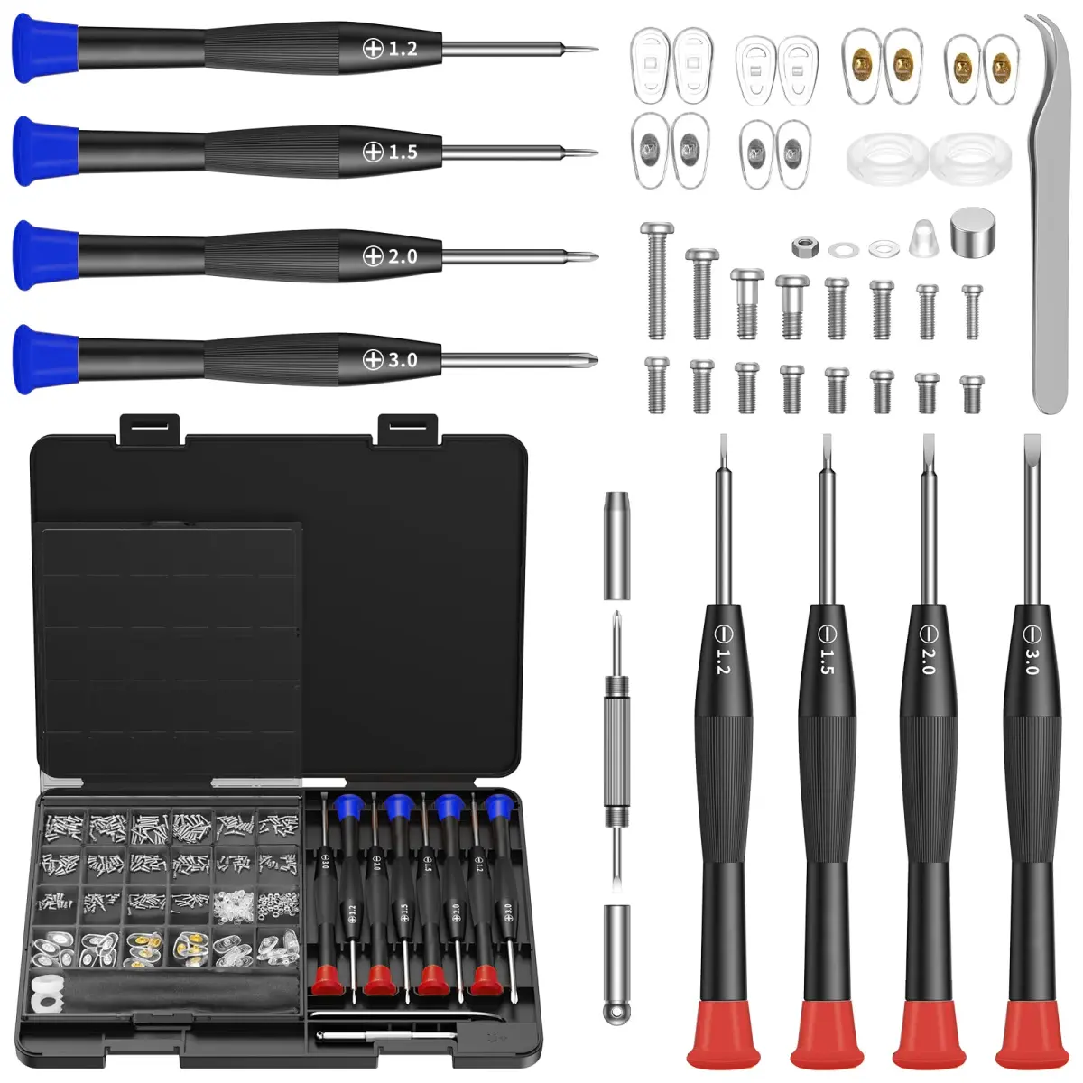 Kit de ferramentas para reparo de óculos, com parafusos, almofadas de nariz, pinças, pano de limpeza e chave de fenda de precisão para óculos de sol