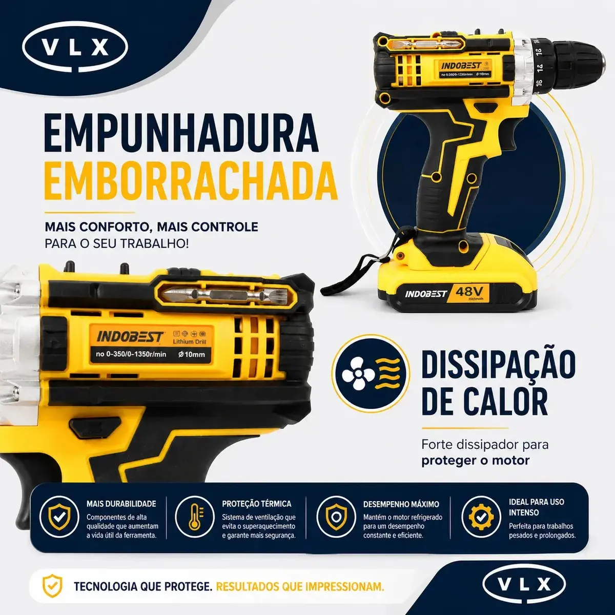 Parafusadeira Furadeira Sem Fio VLX 48V, Kit Completo Com 2 Baterias e Maleta thumbnail 2
