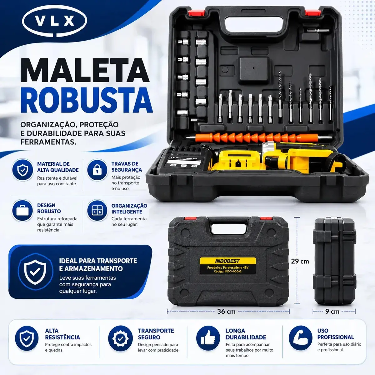 Parafusadeira Furadeira Sem Fio VLX 48V, Kit Completo Com 2 Baterias e Maleta thumbnail 3