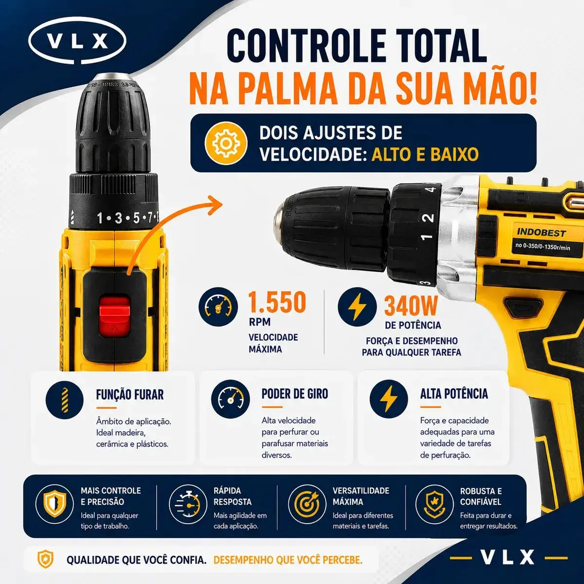Parafusadeira Furadeira Sem Fio VLX 48V, Kit Completo Com 2 Baterias e Maleta thumbnail 4