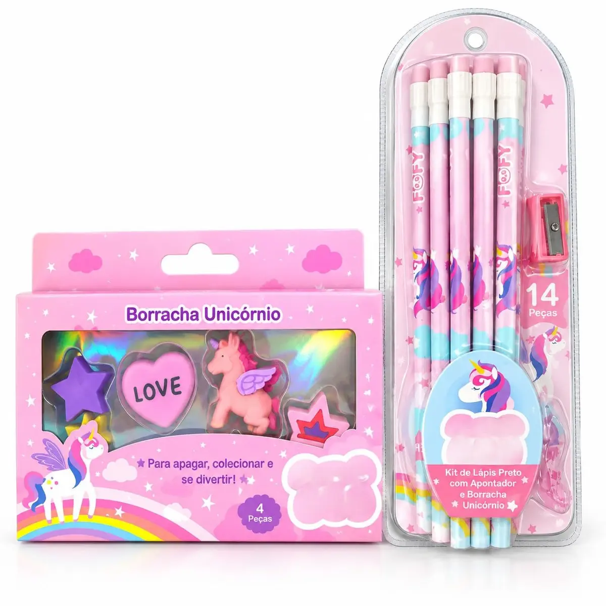 Kit Escolar Unicórnio 18 Peças com Lápis e Borrachas | 12 Lápis com Borracha, 4 Borrachas Temáticas, Apontador Incluído, Design de Unicórnio, Para Crianças e Adolescentes