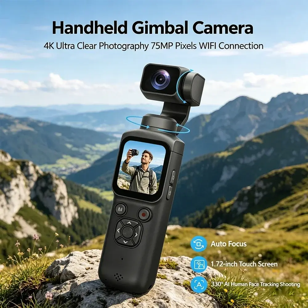 Câmera de Ação 4K 330 ° Estabilizador de Gimbal com Rastreamento Facial, Câmera Gimbal de Bolso com 75MP e Função WiFi para Vlog