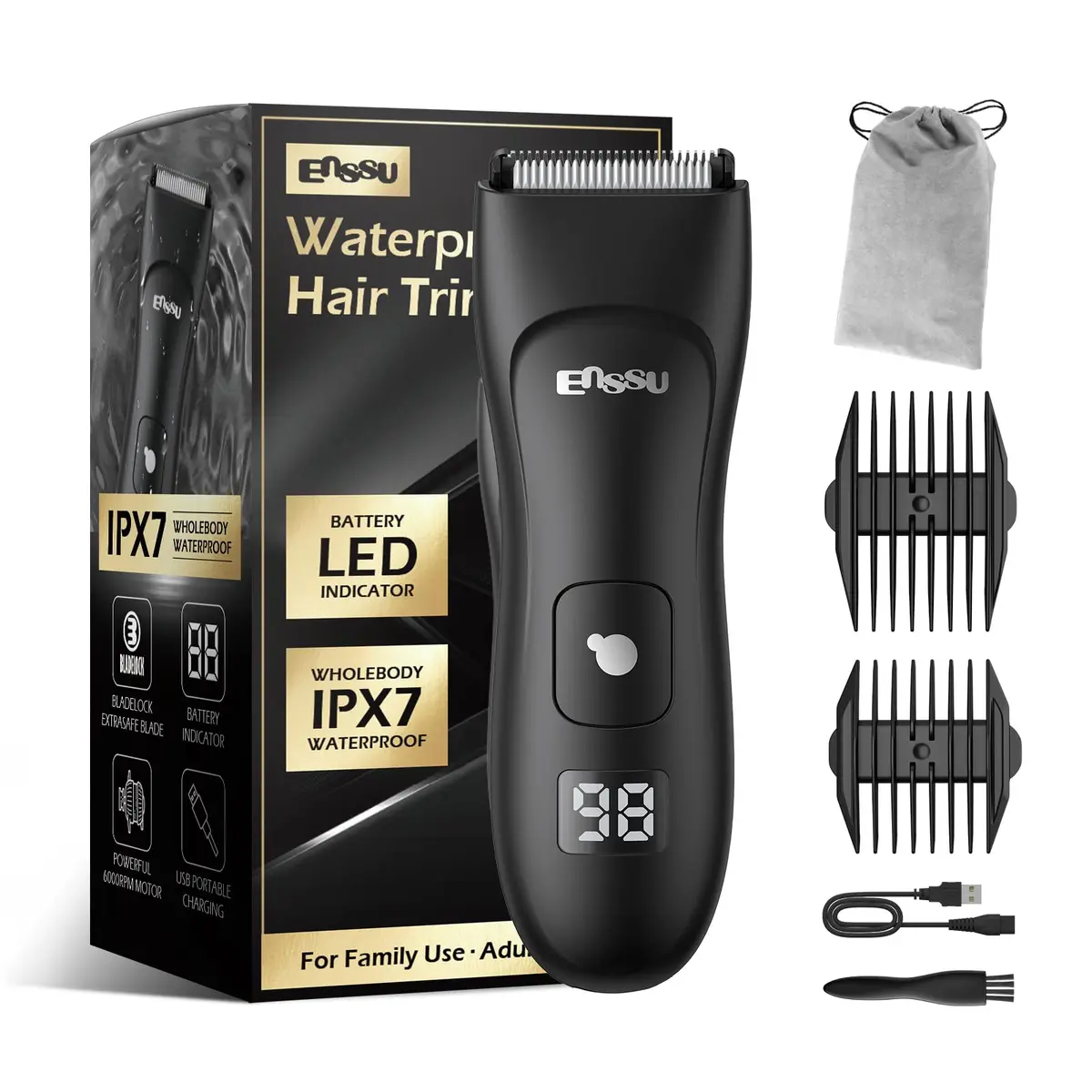Enssu Aparador de Pelos Íntimos Masculino,Maquina de Barbear Multifuncional | Lâmina Cerâmica Segura, IPX7 A Provad'Agua, Recarregável 1H, perfeito para Barba, Virilha, Peito, Abdomen, Axilas e Púbicos