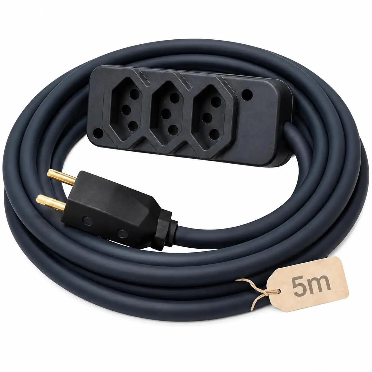 Extensão Elétrica Profissional Reforçada 5 Metros, 3 Tomadas 10A | Cabo PP 2x2,00mm, Bivolt 250V, Preto, Uso Profissional e Residencial - 5m