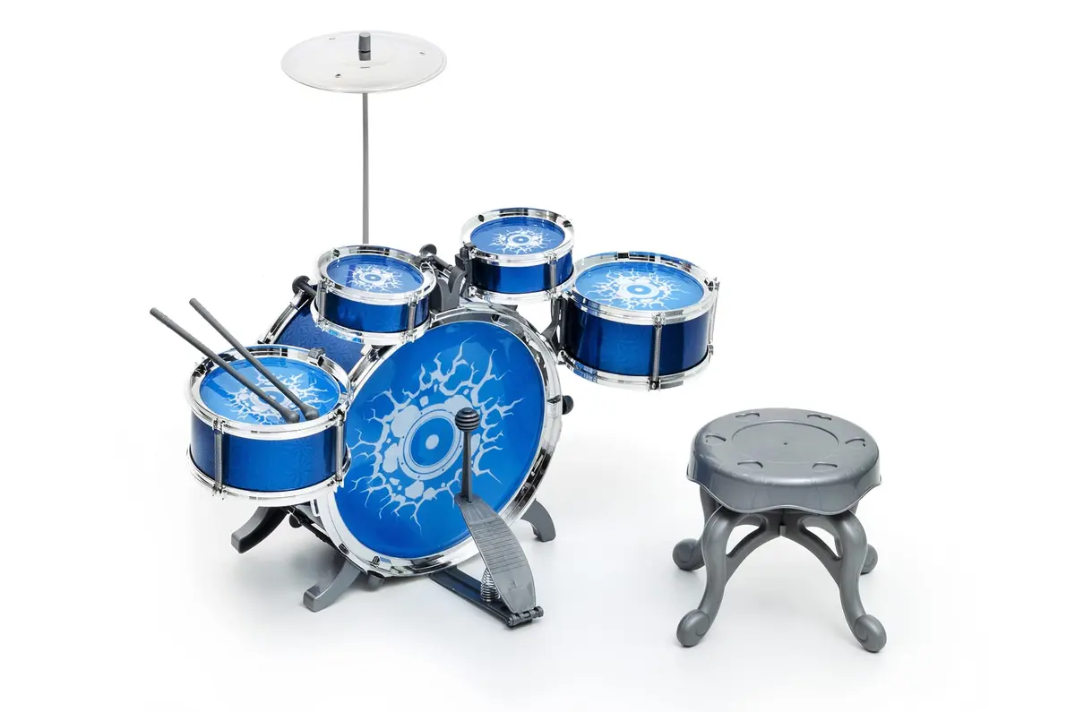 Bateria Infantil Musical Rock N' Roll Com Banquinho Baquetas Pedal E Prato Brinquedo Educativo Completo Certificado Inmetro A Partir De 3 Anos (Azul)