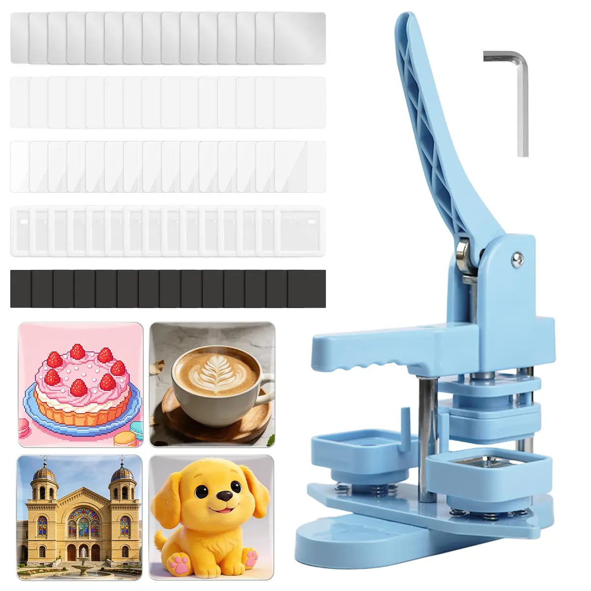 Máquina de Bottons Quadrados 55mm (2.17") Kit Completo com Molde + 100 Conjuntos de Materiais, Bases Magnéticas, Capas Metálicas e Películas, para Ímãs de Geladeira e Broches DIY Personalizados - 1