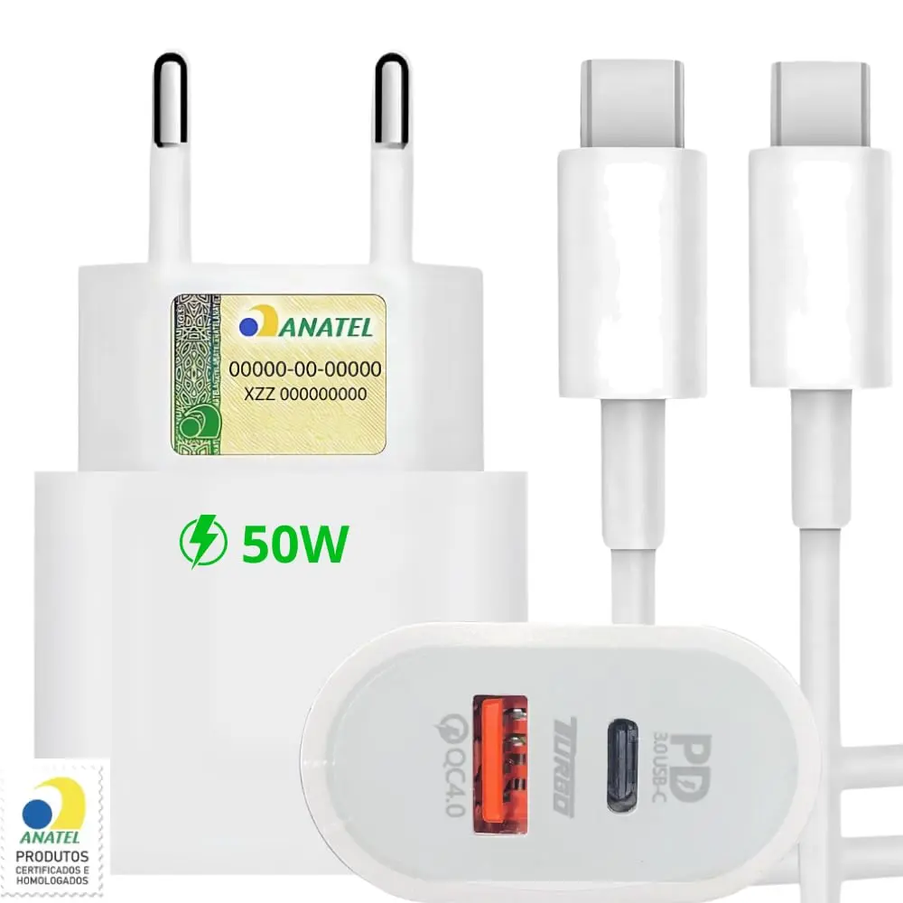 Carregador Turbo 50W + Cabo Tipo C, 2 Entradas USB e USBC, Carrega 2 Dispositivos, Turbo - Fonte e Cabo 50W, i.Phone 15, 16, 17, Galaxy, S.amsung, X.iaiomi, Android, Tecnologia Power Delivery