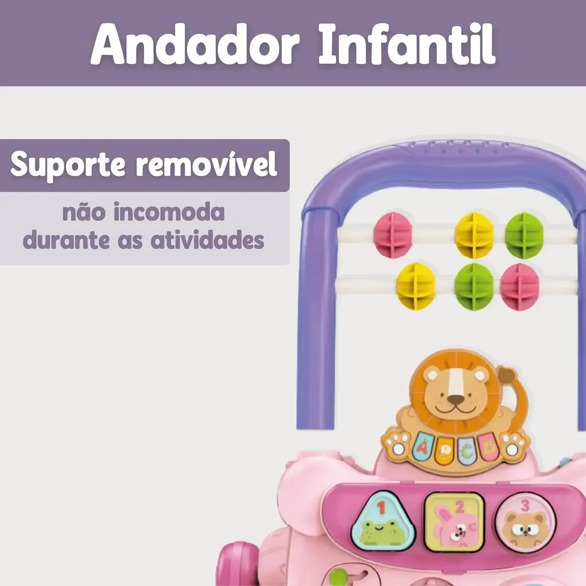 Andador Infantil Empurrador Atividade Musical Bebê Didático Cor Rosa thumbnail 4