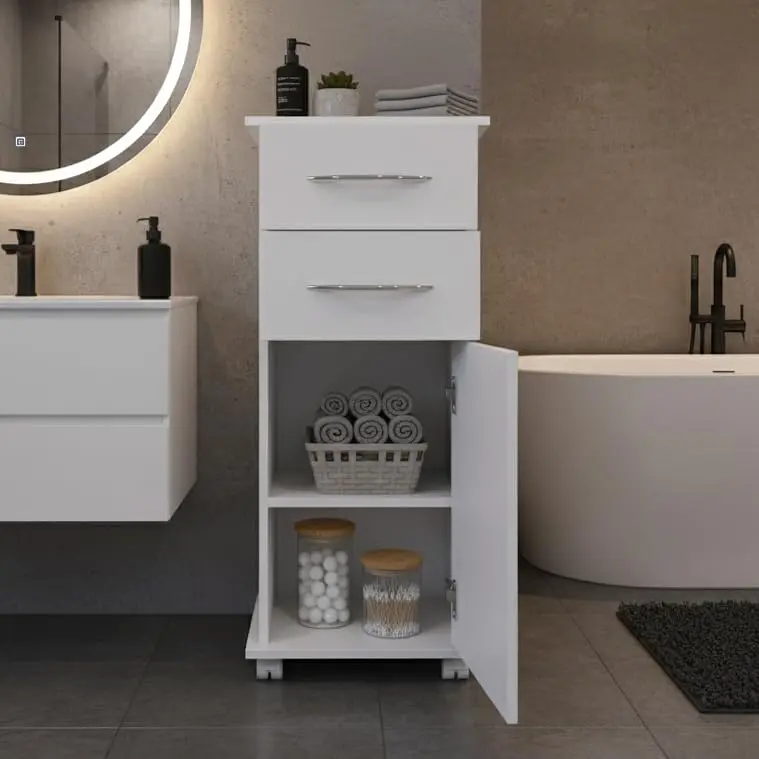 Armário para Banheiro com Rodinhas, 1 Porta e 2 Gavetas - Compacto, Funcional e Elegante para Organizar Seu Espaço(BRANCO)